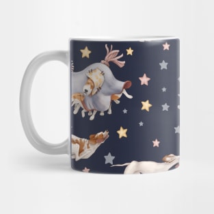 Funny dog games. Running in a unicorn costume. Mug